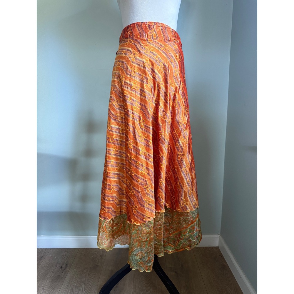 Boho Reversible Wrap Midi Skirt Orange Green fes Paisley Floral retro whimsigoth